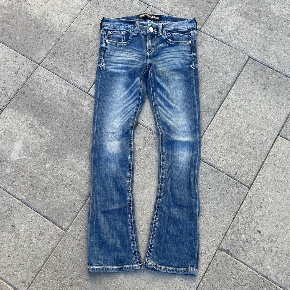 Express Jeans Womens Low Rise Bootcut Denim Medium Wash Thick Stitch Blue 29x29